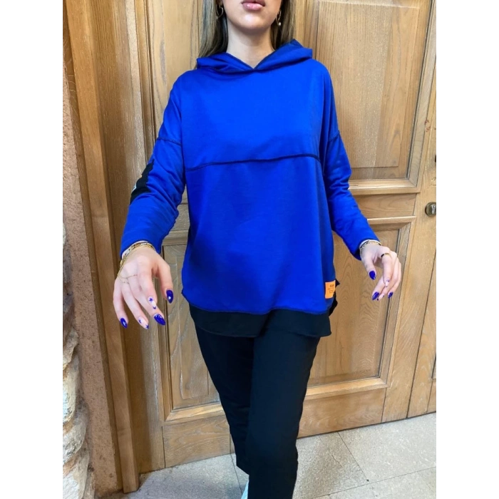 MDB Kadın Kapşonlu Etek Ucu Detay Armalı Ters Dikiş Gorunumlu Ikili Takım