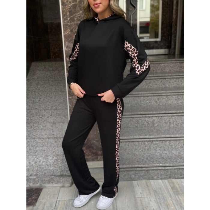 MDB Kadın Kapüşonlu eopar Detay weat Ve Yüksek Bel Yanları eopar şeritli Bol Paça Pantolon Ikili Takım