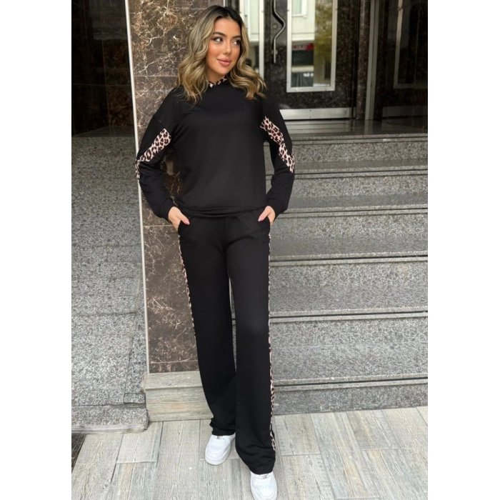 MDB Kadın Kapüşonlu eopar Detay weat Ve Yüksek Bel Yanları eopar şeritli Bol Paça Pantolon Ikili Takım