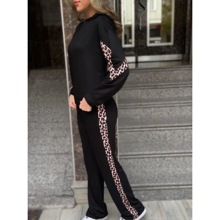 MDB Kadın Kapüşonlu eopar Detay weat Ve Yüksek Bel Yanları eopar şeritli Bol Paça Pantolon Ikili Takım