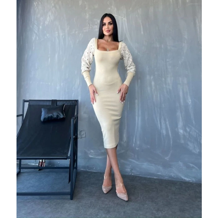 MDB Kadın Kare Yaka Kolları anşet Ve Tül Detay Fırsat ürün idi Boy Elbise