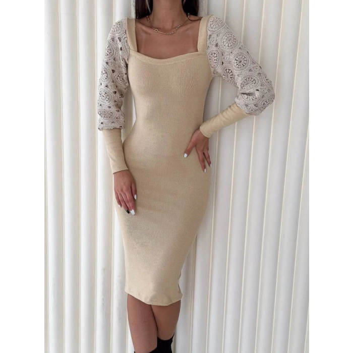 MDB Kadın Kare Yaka Kolları anşet Ve Tül Detay Fırsat ürün idi Boy Elbise