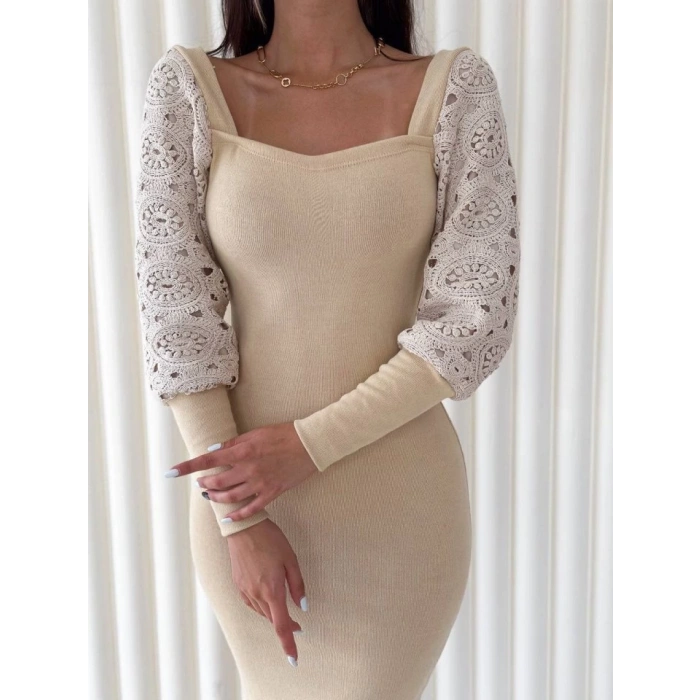 MDB Kadın Kare Yaka Kolları anşet Ve Tül Detay Fırsat ürün idi Boy Elbise