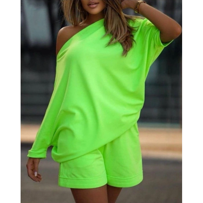 MDB Kadın Kayık Yaka Salaş Iki Iplik Bluz Ve şort Ikili Takım