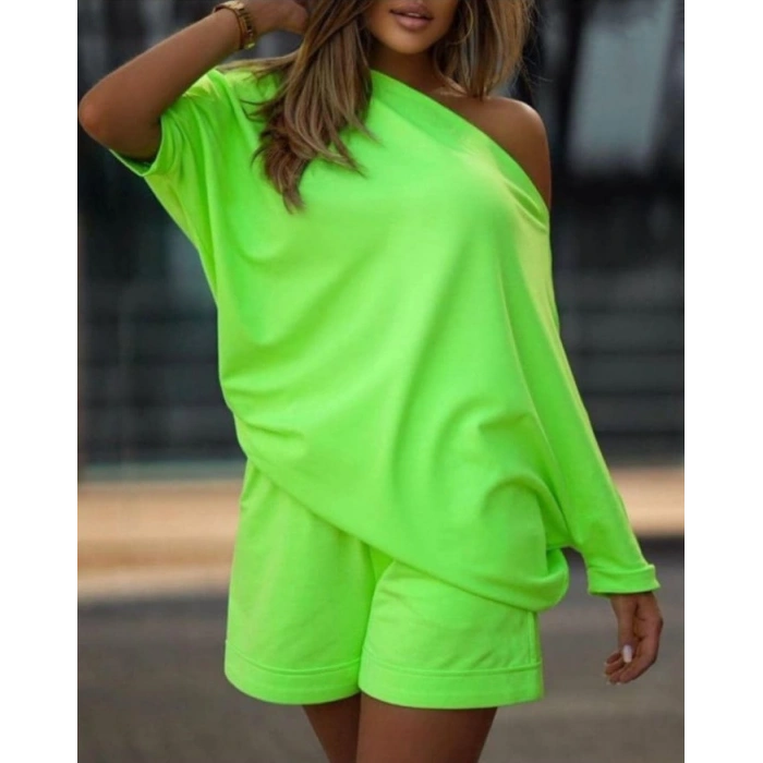 MDB Kadın Kayık Yaka Salaş Iki Iplik Bluz Ve şort Ikili Takım