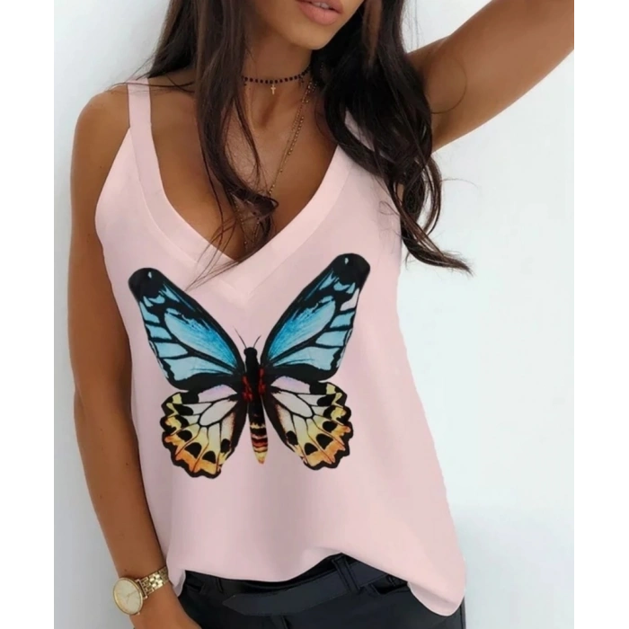 MDB Kadın Kelebek Baskılı Sandy Kumaş Askılı Bluz