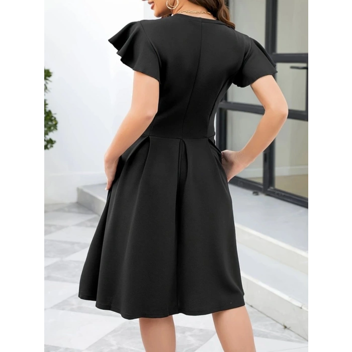 MDB Kadın Kelebek Kollu Bisiklet Yakalı Pileli Ithal Krep Elbise