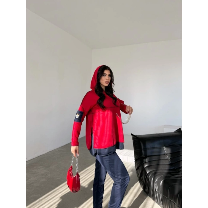 MDB Kadın Kırmızı Kapşonlu Etek Ucu Detay Arma Ters Dikiş Gorunumlu Ikili Takım