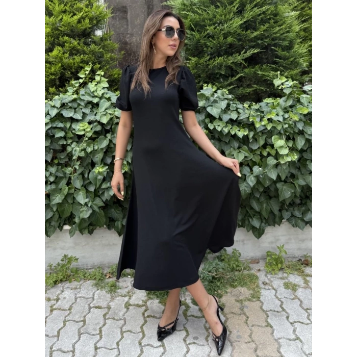 MDB Kadın Kısa Balon Kollu Bisiklet Yaka Geniş Kesim Janjan Krep Elbise