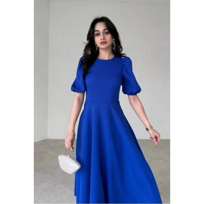 MDB Kadın Kısa Balon Kollu Bisiklet Yaka Geniş Kesim Janjan Krep Elbise