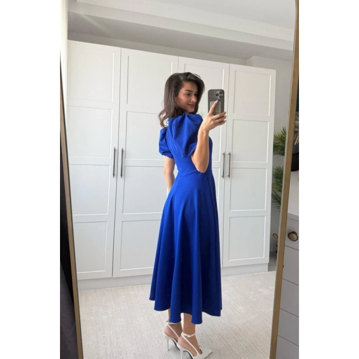 MDB Kadın Kısa Balon Kollu Bisiklet Yaka Geniş Kesim Janjan Krep Elbise