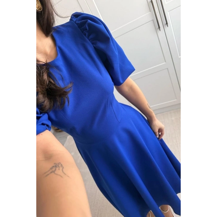 MDB Kadın Kısa Balon Kollu Bisiklet Yaka Geniş Kesim Janjan Krep Elbise