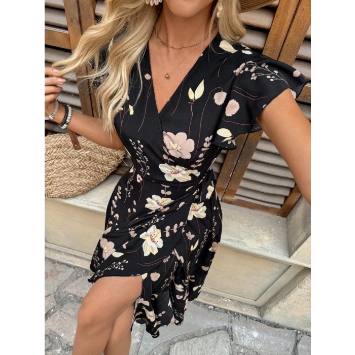 MDB Kadın Kısa Kelebek Kollu Kruvaze Yakalı Belden Kuşaklı Midi Süprem Elbise