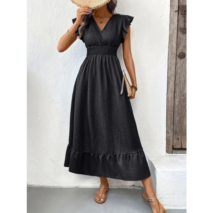 MDB Kadın Kısa Kelebek Kollu Kruvaze Yakalı Beli Lastikli Aerobin Elbise