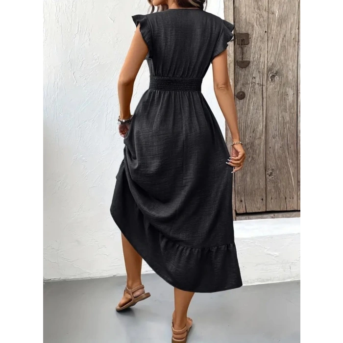 MDB Kadın Kısa Kelebek Kollu Kruvaze Yakalı Beli Lastikli Aerobin Elbise