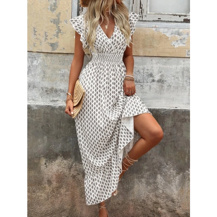 MDB Kadın Kısa Kelebek Kollu Kruvaze Yakalı Desenli Süprem Elbise