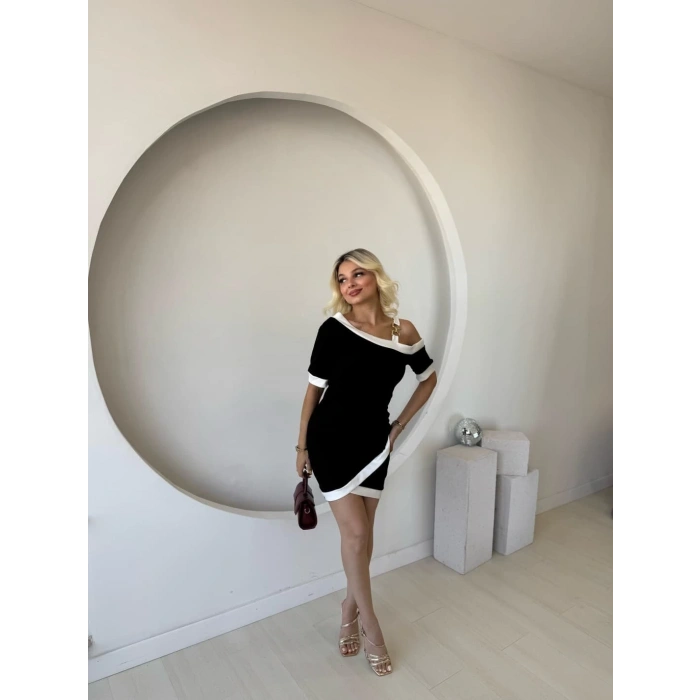 MDB Kadın Kısa Kollu Asimetrik Kesim Yaka şerit Ve Aksesuar Detaylı odal Elbise