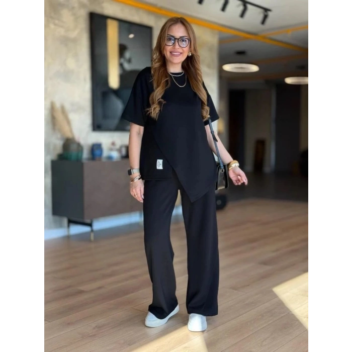 MDB Kadın Kısa Kollu Bisiklet Yaka Asimetrik Viskon Iki Iplik Bluz Ve Pantolon Ikili Takım