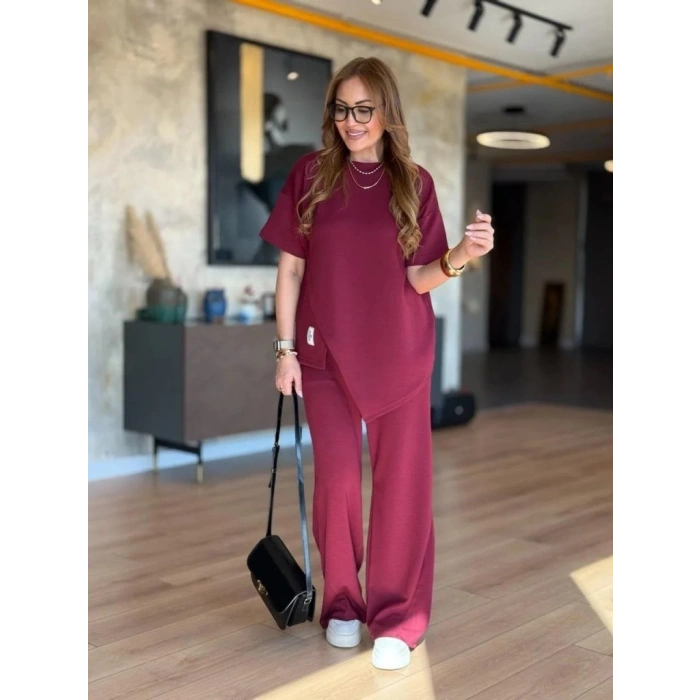 MDB Kadın Kısa Kollu Bisiklet Yaka Asimetrik Viskon Iki Iplik Bluz Ve Pantolon Ikili Takım