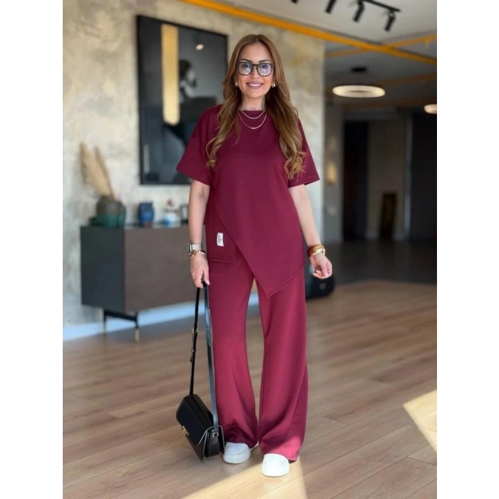 MDB Kadın Kısa Kollu Bisiklet Yaka Asimetrik Viskon Iki Iplik Bluz Ve Pantolon Ikili Takım