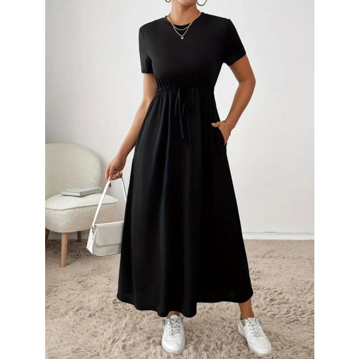 MDB Kadın Kısa Kollu Bisiklet Yaka Belden Bağcıklı Cepli Viskon Elbise