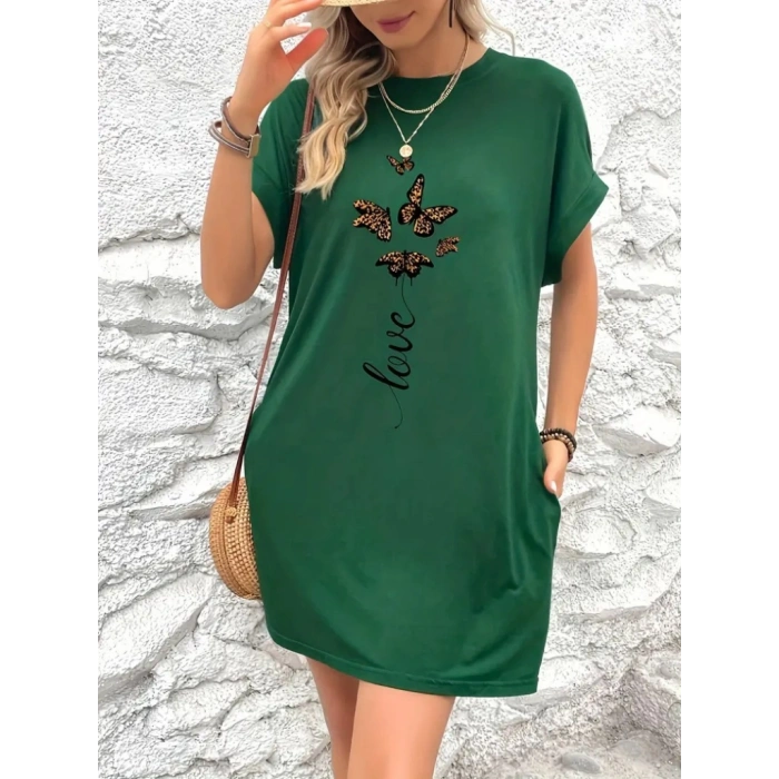 MDB Kadın Kısa Kollu Bisiklet Yaka Cepli Kelebek Baskılı Viskon Elbise