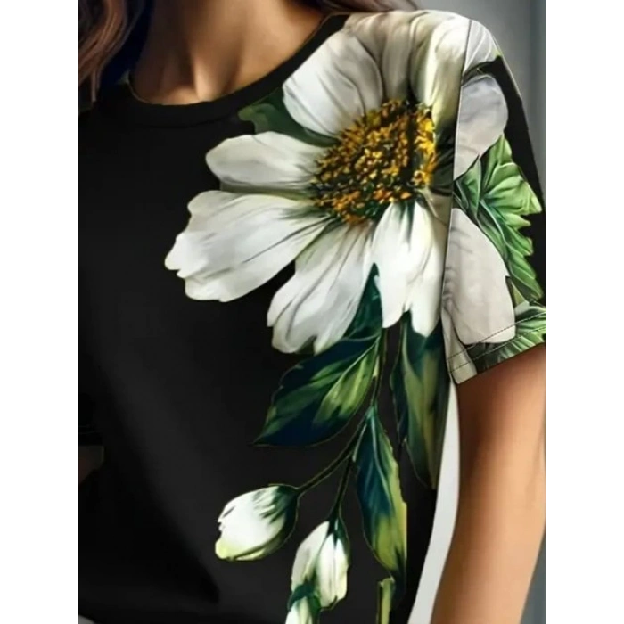 MDB Kadın Kısa Kollu Bisiklet Yaka çiçek Baskılı Süprem Bluz