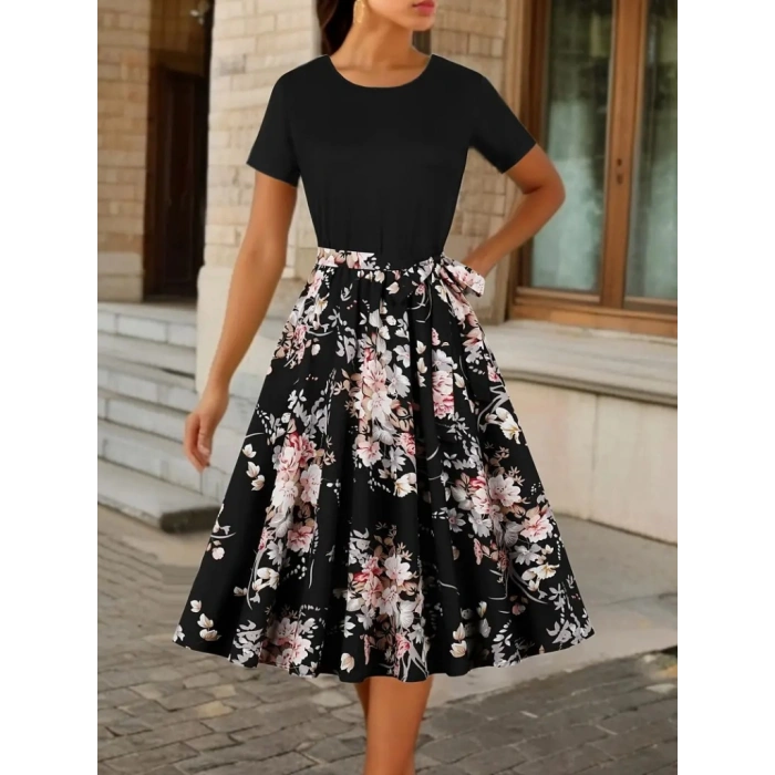 MDB Kadın Kısa Kollu Bisiklet Yaka çiçek Desenli üst Viskon Alt Süprem Kısa Elbise