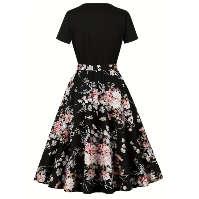 MDB Kadın Kısa Kollu Bisiklet Yaka çiçek Desenli üst Viskon Alt Süprem Kısa Elbise