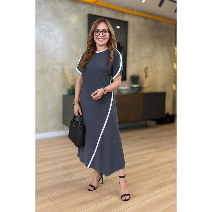 MDB Kadın Kısa Kollu Bisiklet Yaka çift şerit Renk Detaylı Asimetrik Kesim Viskon Iki Iplik Elbise