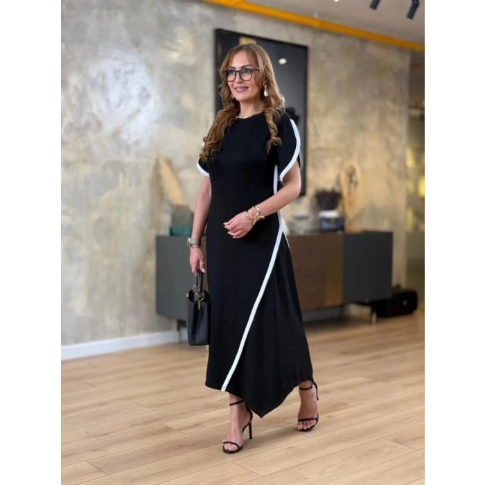 MDB Kadın Kısa Kollu Bisiklet Yaka çift şerit Renk Detaylı Asimetrik Kesim Viskon Iki Iplik Elbise