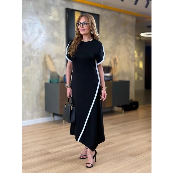 MDB Kadın Kısa Kollu Bisiklet Yaka çift şerit Renk Detaylı Asimetrik Kesim Viskon Iki Iplik Elbise