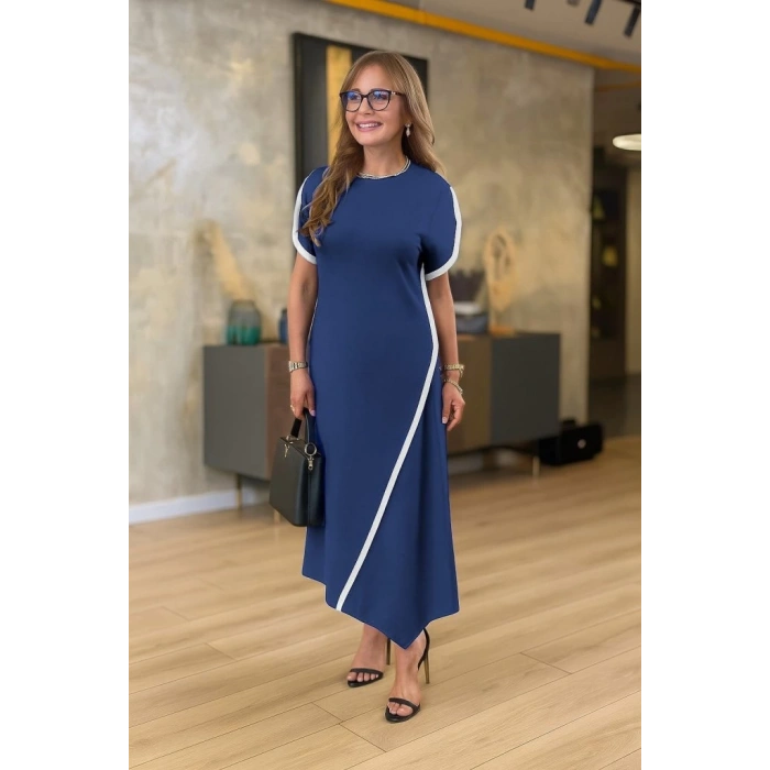 MDB Kadın Kısa Kollu Bisiklet Yaka çift şerit Renk Detaylı Asimetrik Kesim Viskon Iki Iplik Elbise