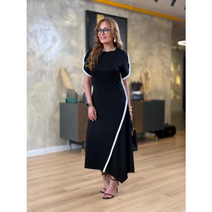 MDB Kadın Kısa Kollu Bisiklet Yaka çift şerit Renk Detaylı Asimetrik Kesim Viskon Iki Iplik Elbise