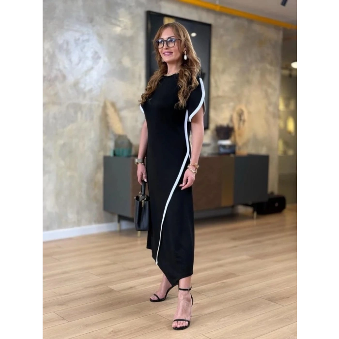 MDB Kadın Kısa Kollu Bisiklet Yaka çift şerit Renk Detaylı Asimetrik Kesim Viskon Iki Iplik Elbise