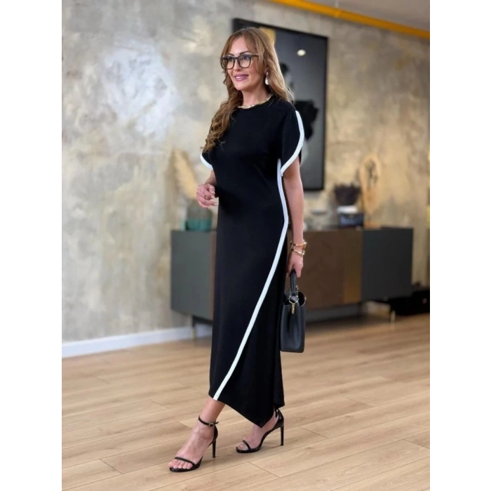 MDB Kadın Kısa Kollu Bisiklet Yaka çift şerit Renk Detaylı Asimetrik Kesim Viskon Iki Iplik Elbise