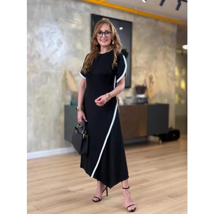 MDB Kadın Kısa Kollu Bisiklet Yaka çift şerit Renk Detaylı Asimetrik Kesim Viskon Iki Iplik Elbise