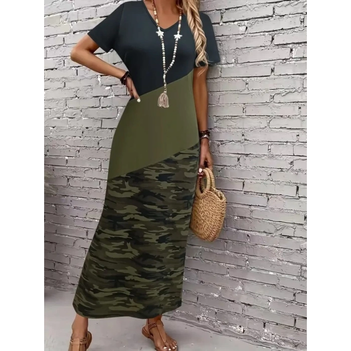 MDB Kadın Kısa Kollu Bisiklet Yaka çok Renkli Maksi Viskon Elbise