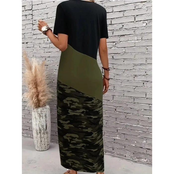 MDB Kadın Kısa Kollu Bisiklet Yaka çok Renkli Maksi Viskon Elbise