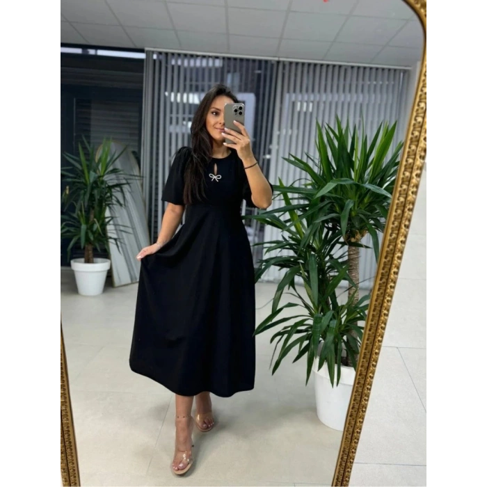 MDB Kadın Kısa Kollu Bisiklet Yaka Fiyonk Broşlu Midi Janjan Krep Elbise