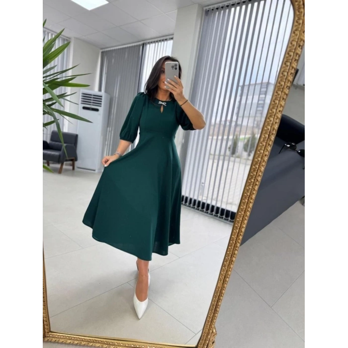 MDB Kadın Kısa Kollu Bisiklet Yaka Fiyonk Broşlu Midi Janjan Krep Elbise