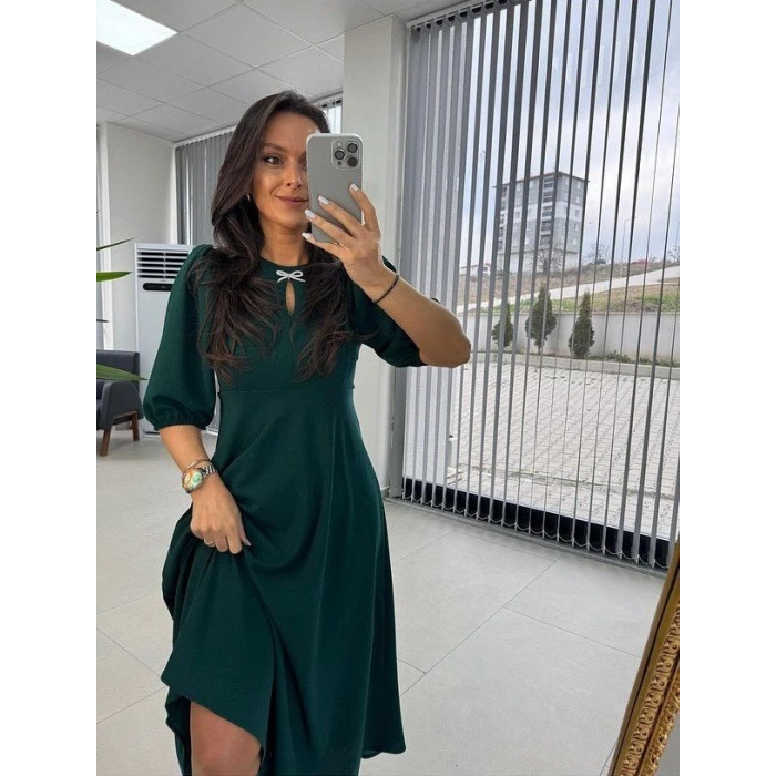 MDB Kadın Kısa Kollu Bisiklet Yaka Fiyonk Broşlu Midi Janjan Krep Elbise