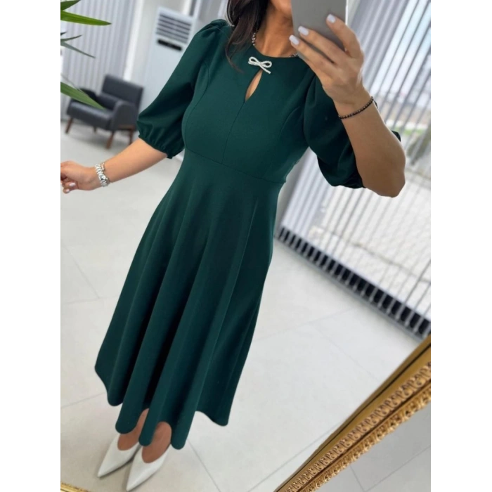 MDB Kadın Kısa Kollu Bisiklet Yaka Fiyonk Broşlu Midi Janjan Krep Elbise