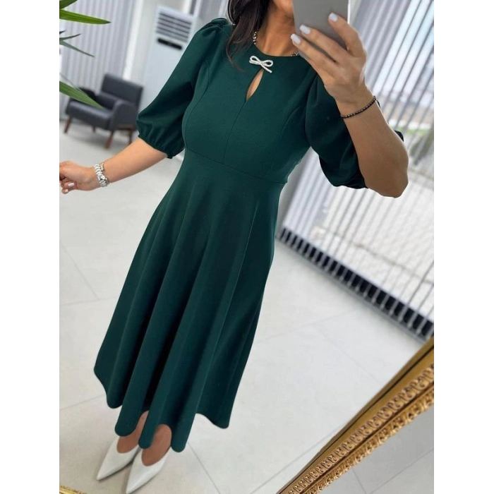 MDB Kadın Kısa Kollu Bisiklet Yaka Fiyonk Broşlu Midi Janjan Krep Elbise