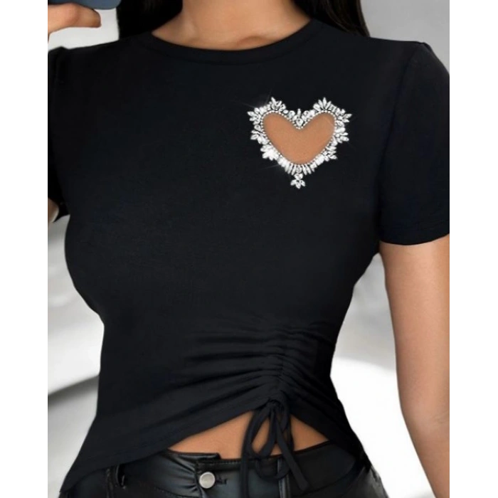 MDB Kadın Kısa Kollu Bisiklet Yaka Kalp Taş Detaylı Viskon Bluz