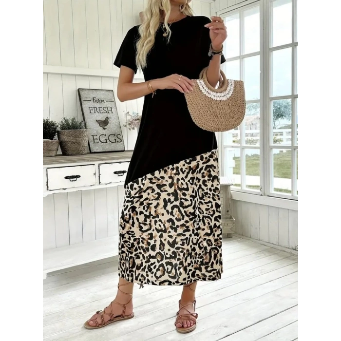 MDB Kadın Kısa Kollu Bisiklet Yaka Leopar Detaylı Midi üst Viskon Alt Süprem Elbise