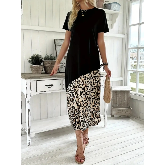 MDB Kadın Kısa Kollu Bisiklet Yaka Leopar Detaylı Midi üst Viskon Alt Süprem Elbise
