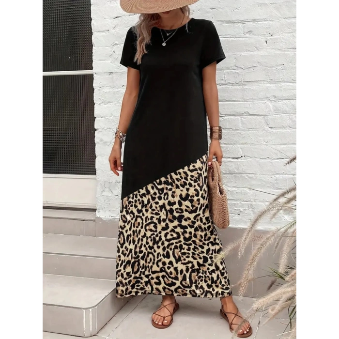 MDB Kadın Kısa Kollu Bisiklet Yaka Leopar Detaylı Midi üst Viskon Alt Süprem Elbise