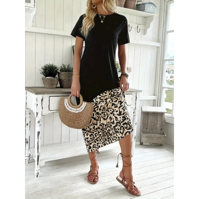 MDB Kadın Kısa Kollu Bisiklet Yaka Leopar Detaylı Midi üst Viskon Alt Süprem Elbise