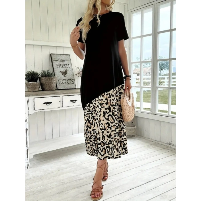 MDB Kadın Kısa Kollu Bisiklet Yaka Leopar Detaylı Midi üst Viskon Alt Süprem Elbise
